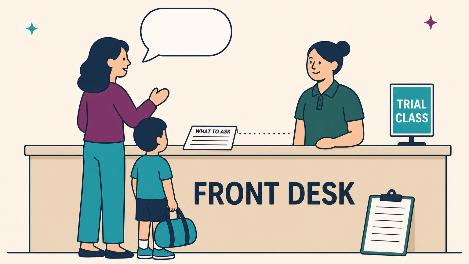 Flat illustration of a parent and a child standing at a studio front desk, facing a staff member across the counter. A card on the counter reads WHAT TO ASK, an empty speech bubble floats above the two adults, and a small sign at the far end of the counter reads TRIAL CLASS.