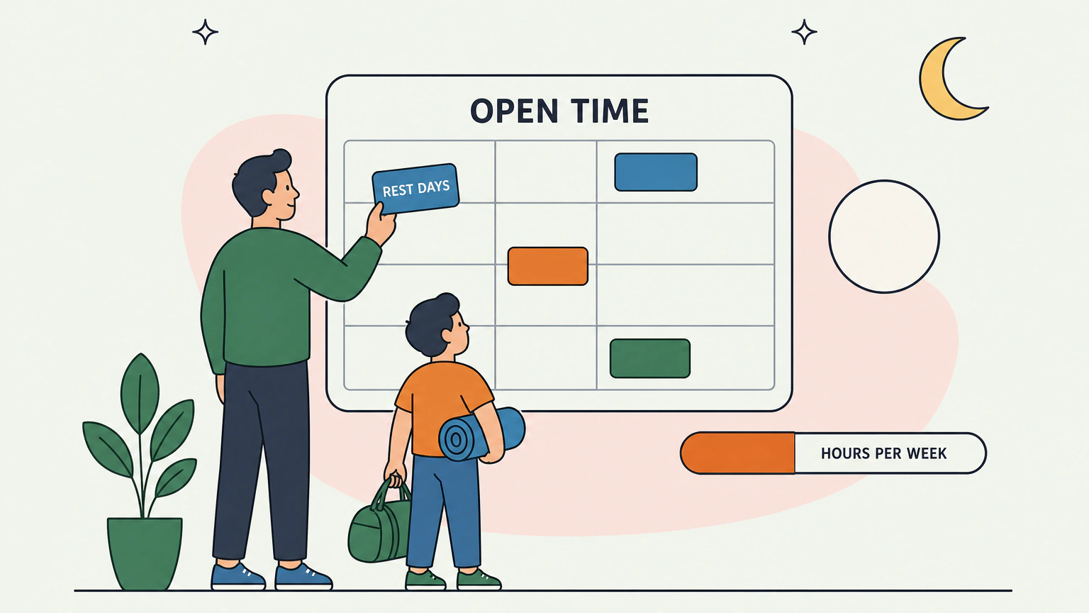 Flat vector illustration of a parent and child standing in front of a large blank weekly planner board labeled "Open Time," with the parent holding a card marked "Rest Days" above an empty row, a crescent moon in the upper corner and a partly filled "Hours Per Week" gauge floating beside the board.