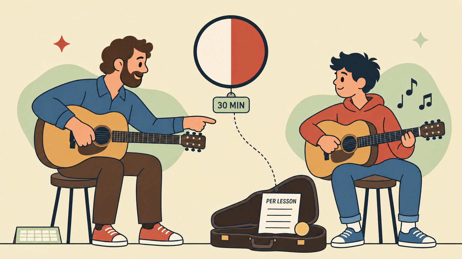 A guitar teacher and a teenage student sit facing each other with guitars, under a wall clock tagged 30 MIN, with a bill marked PER LESSON tucked in an open guitar case.