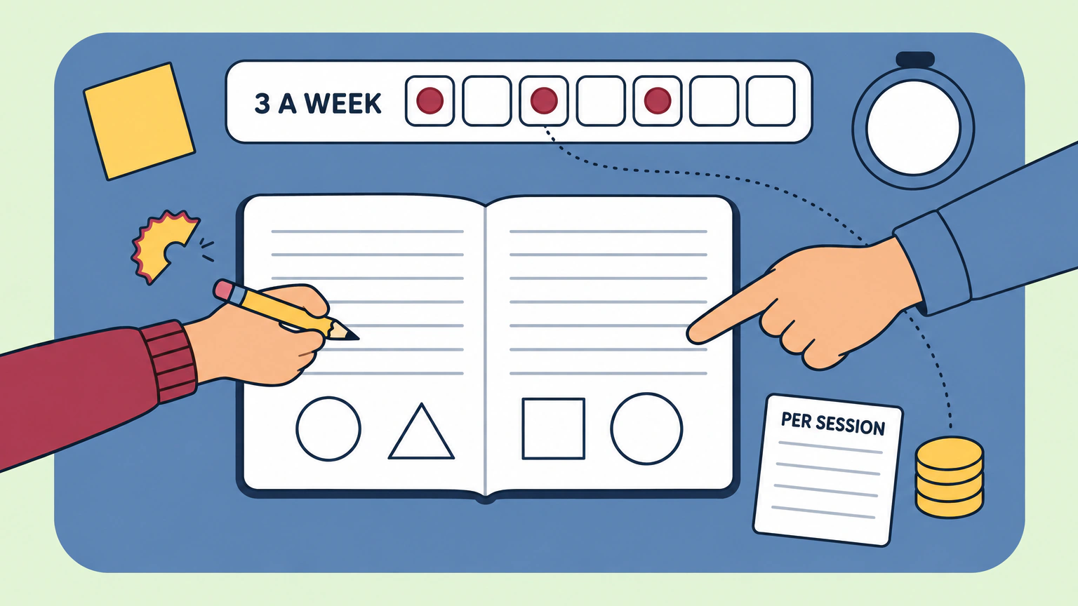 Seen from above, a child's hand writes in a workbook while an adult points at the page, beside a week strip with three of seven days marked 3 A WEEK and a paper slip marked PER SESSION.