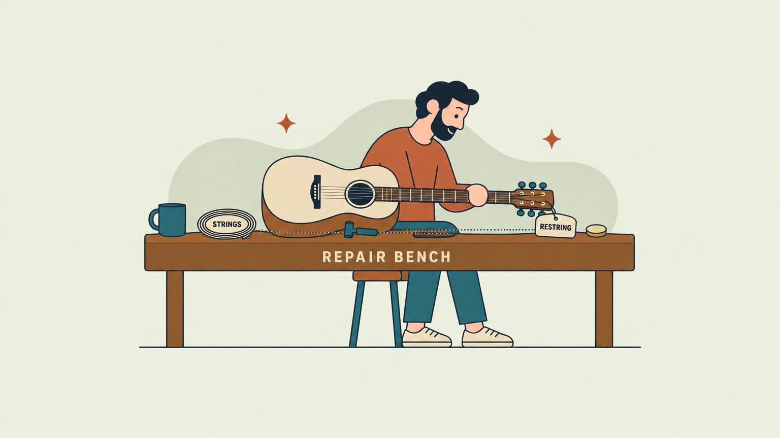 A flat illustration of a guitar lying on its side across a long workbench labeled REPAIR BENCH, with a small tag reading RESTRING hanging from the headstock, a coil of strings labeled STRINGS and a winder tool resting on the bench top, and a technician seated behind the bench with one hand on the guitar's neck.