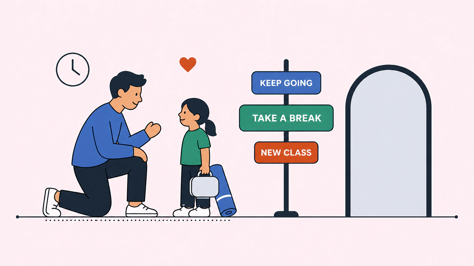 Flat vector illustration of a parent kneeling to talk with their child outside a class. The child holds a small instrument case and a rolled mat. A signpost beside them points three ways, labeled KEEP GOING, TAKE A BREAK and NEW CLASS, with an open doorway further along the same path.