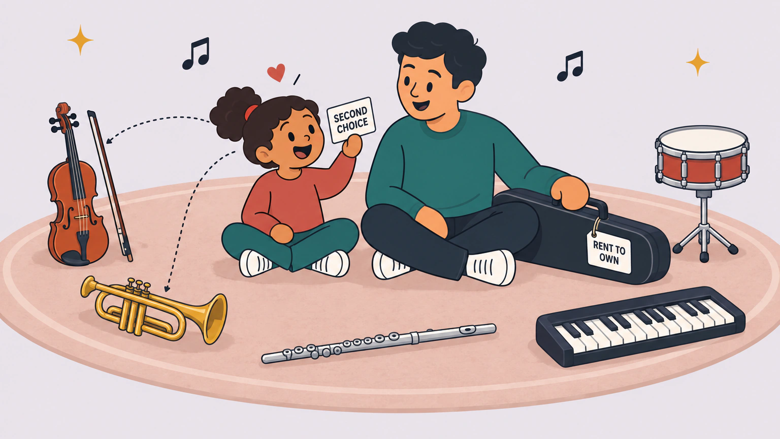 A child holding up a card marked SECOND CHOICE sits beside an adult on a round rug ringed by a violin, a trumpet, a flute, a snare drum and a keyboard, next to an instrument case tagged RENT TO OWN.